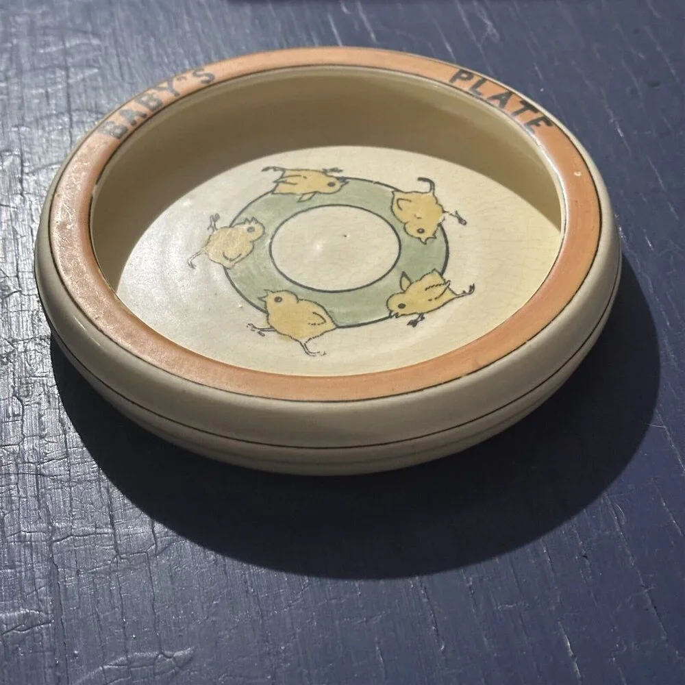Roseville Pottery Baby's Plate Creamware Ducks Chicks Circa 1920 Rolled Edge